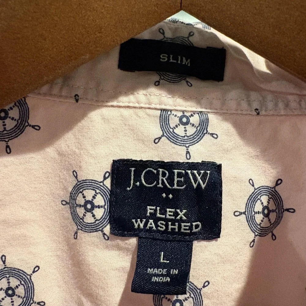 J.Crew Flex Washed Shirt‎ Mens L Pink Ship Wheel Nautical Button Up Slim Cotton